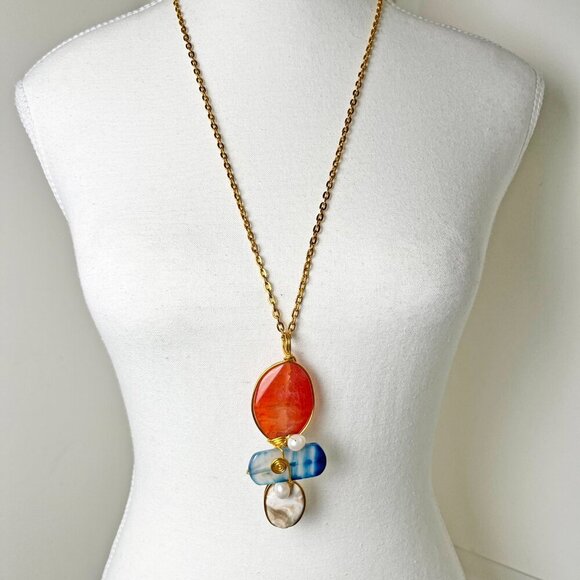 Artisan-made One-of-a-Kind Boho RED CARNELIAN Agate and Pearl Pendant Necklace - Picture 2 of 8